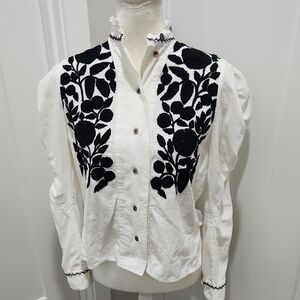 Thierry Colson White Wind Embroidered Curderoy Long Sleeve Blouse XS